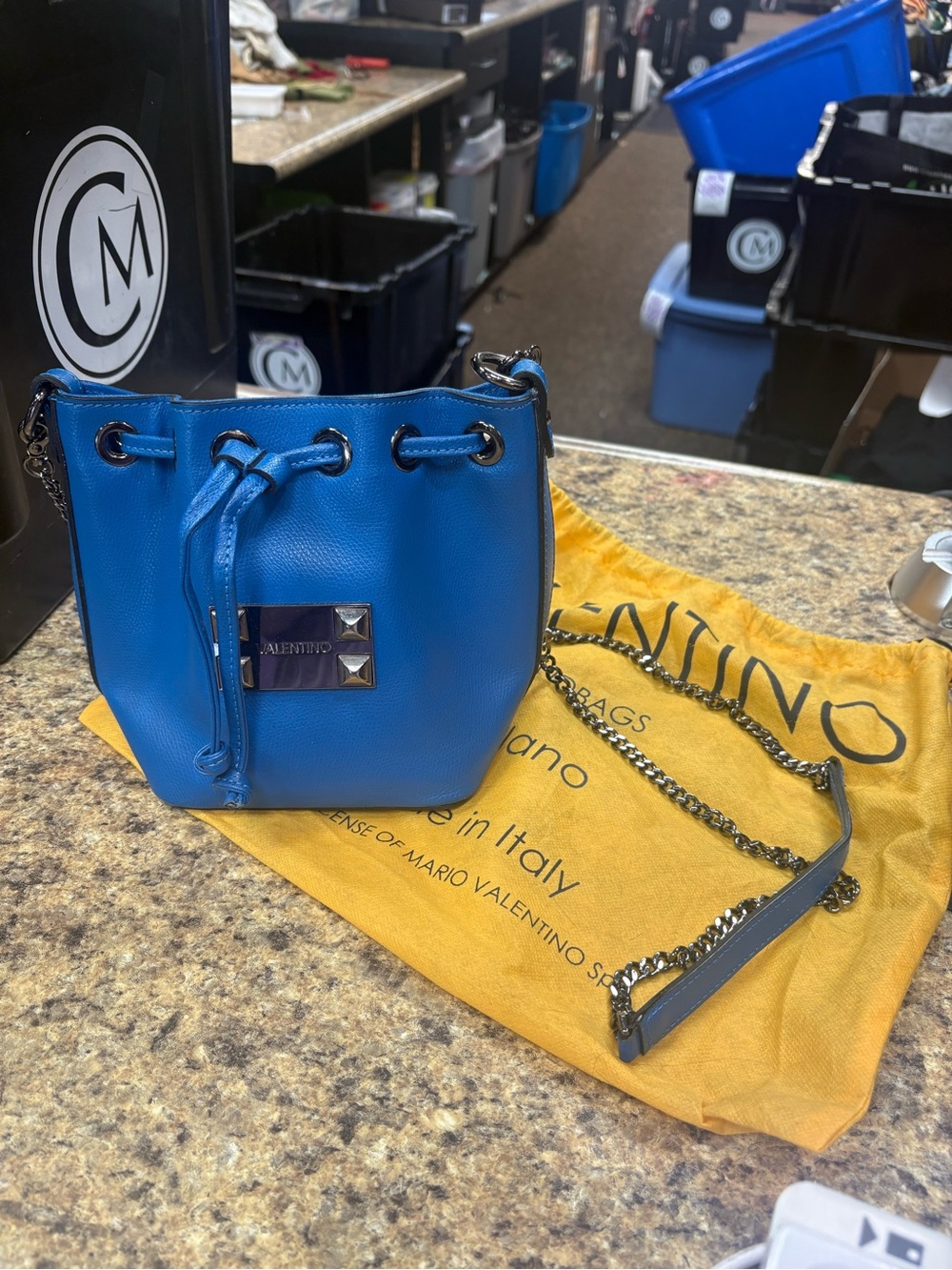 Valentino Blue Leather Drawstring Bucket Crossbody Bag